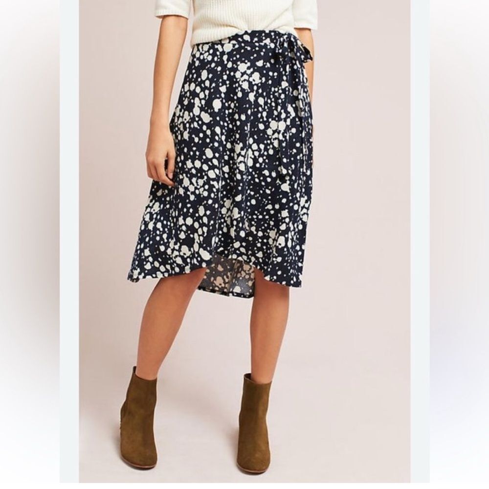 Maeve Faux Wrap Skirt Sz M Navy Confetti Knot polka dot feminine